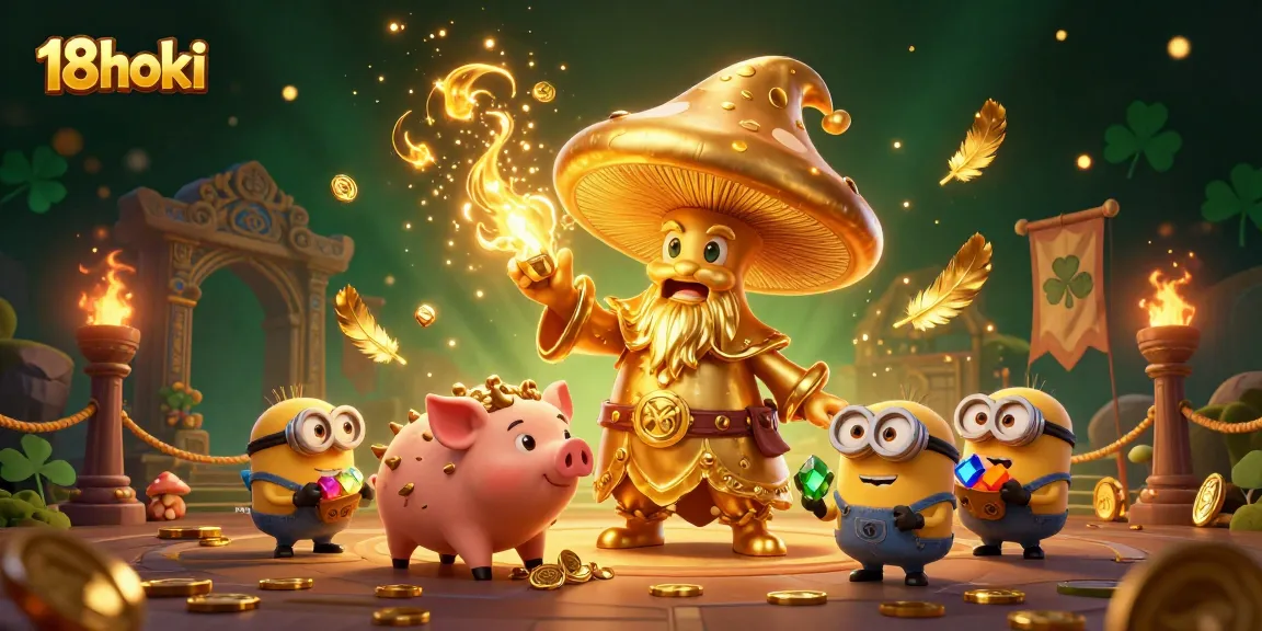 Experience winning moments with 18hoki's golden wizard and treasure-hunting pig in an enchanting casino illustration.