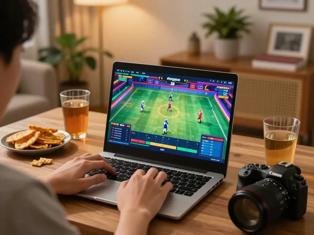 Thưởng thức các trận đá gà thomo HD trên laptop trong một không gian chơi game ấm cúng với đồ ăn nhẹ và đồ uống
