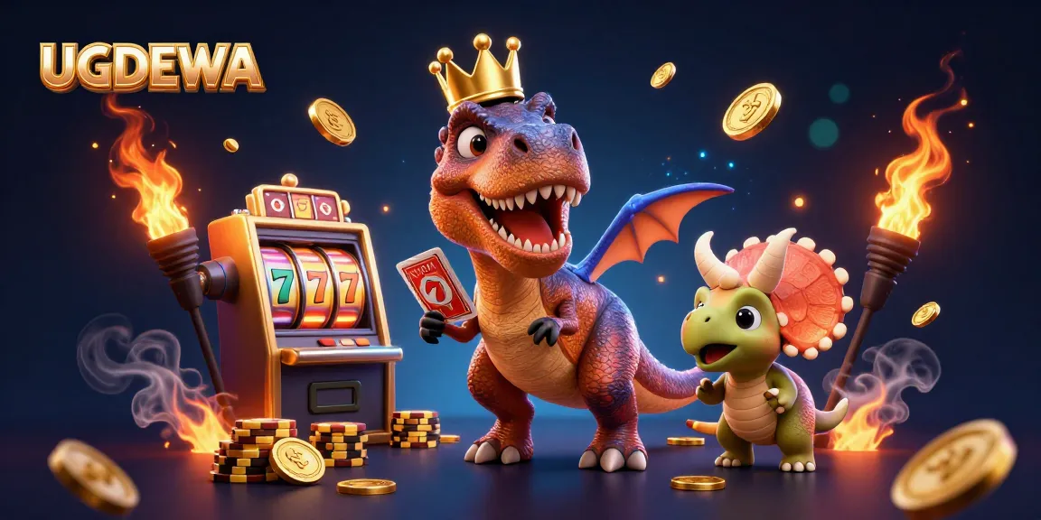UGDEWA showcases a cheerful T-Rex mastering slots while an assistant helps with chips and cards.