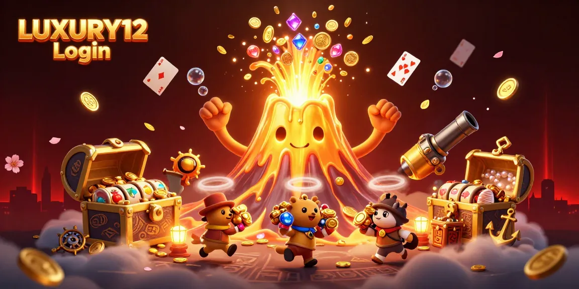 LUXURY12 Login showcases a vibrant 3D illustration of a volcano erupting gold and treasures in a dynamic casino scene.