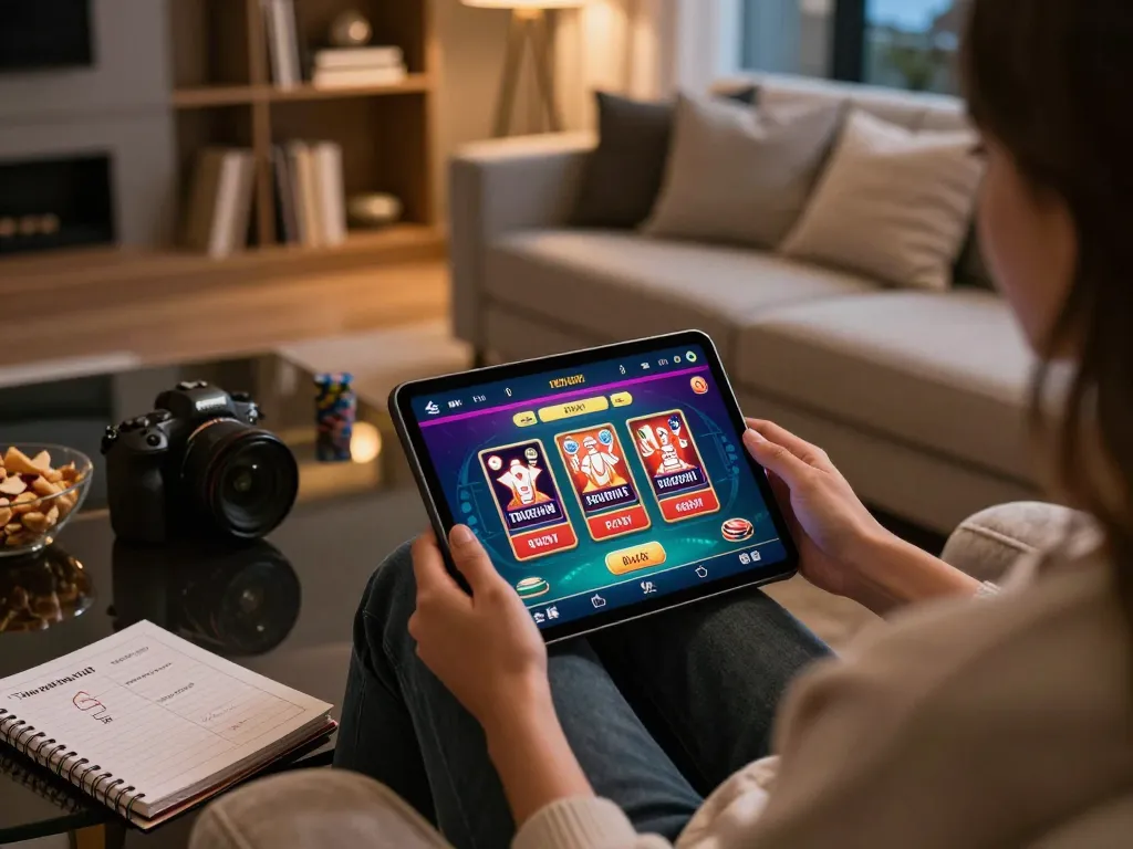Engaging in mobile gambling on a tablet app at organicsuperfoodshub, relaxed home atmosphere with strategy notes