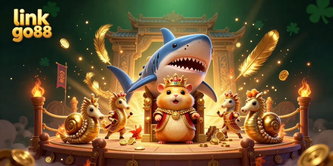 Engage with link go88 at this vibrant casino-themed illustration featuring a fierce hamster king amidst gold coins and seahorse guards.