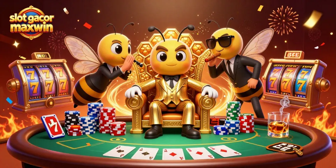Mengguncang mesin slot gacor maxwin dengan bumblebee bos mob dan para bodyguard, menampilkan simbol slot di atas meja judi.
