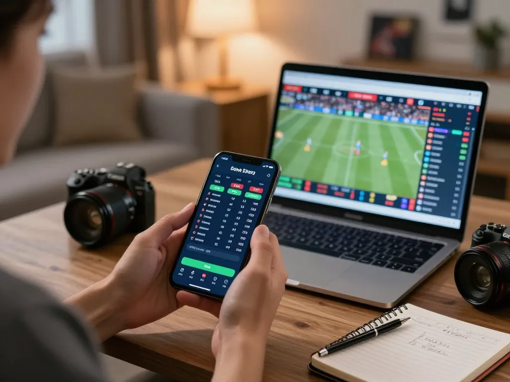 Engaging in live sports betting with smartphone interface in a cozy home environment, highlighting qq alfa.