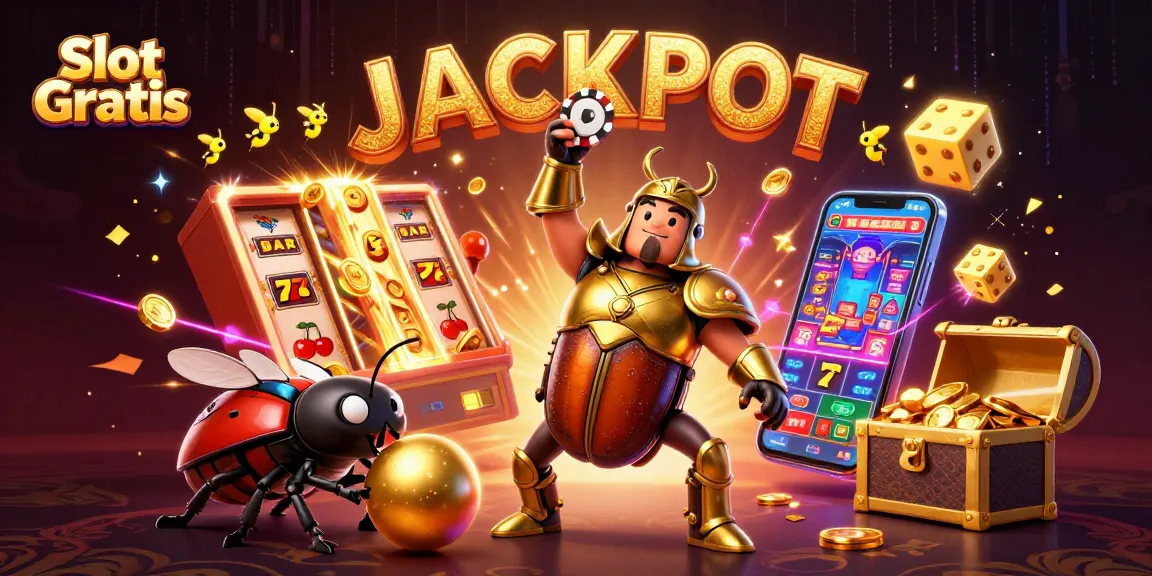 Experience Slot Gratis excitement with a herculean beetle lifting a winning poker chip in a vibrant casino scene.