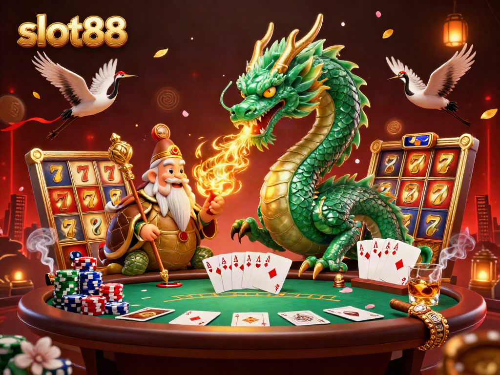 Memenangkan jackpot dengan slot88 dalam gambar ilustrasi 3D yang menakjubkan yang dipenuhi simbol keberuntungan.