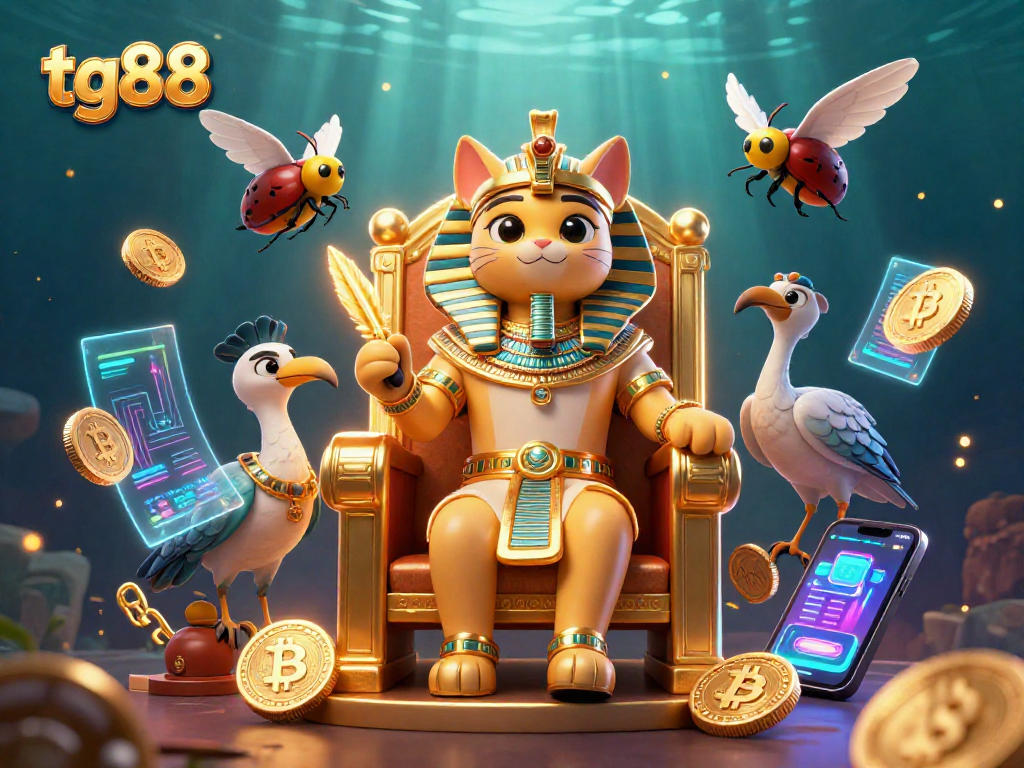 Experience the thrill of tg88 with an enchanting scene featuring Pharaoh cat and crypto elements.