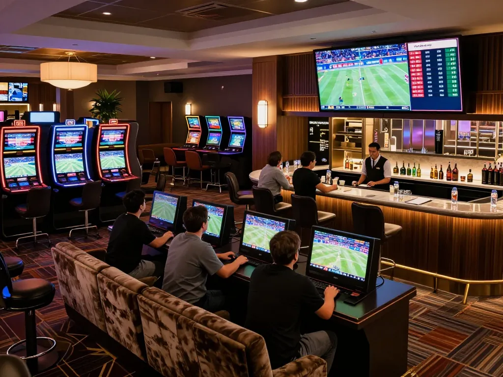 CM88 patrons engaging in strategic sports betting at a modern lounge with vibrant displays