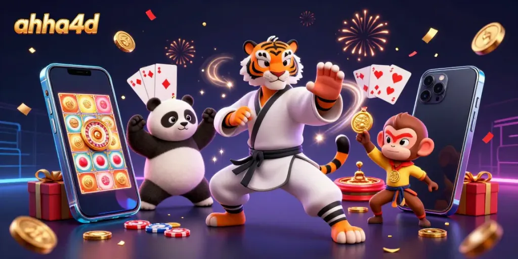 Engage in exciting lottery games with ahha4d’s vibrant gaming scene featuring characters in action.