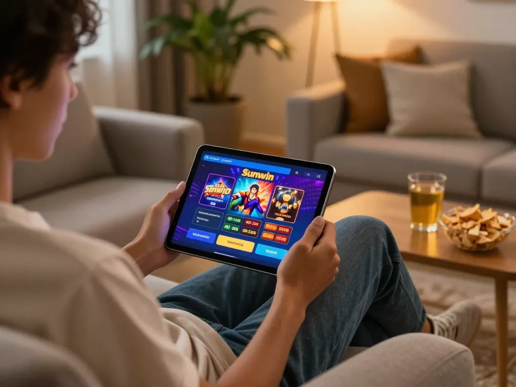 Player enjoying Sunwin app on a tablet in a cozy living room, showcasing a casual gaming experience.