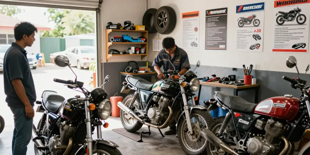 Gambar bengkel sepeda motor yang ramai dengan mekanik memperbaiki mesin pecah25.
