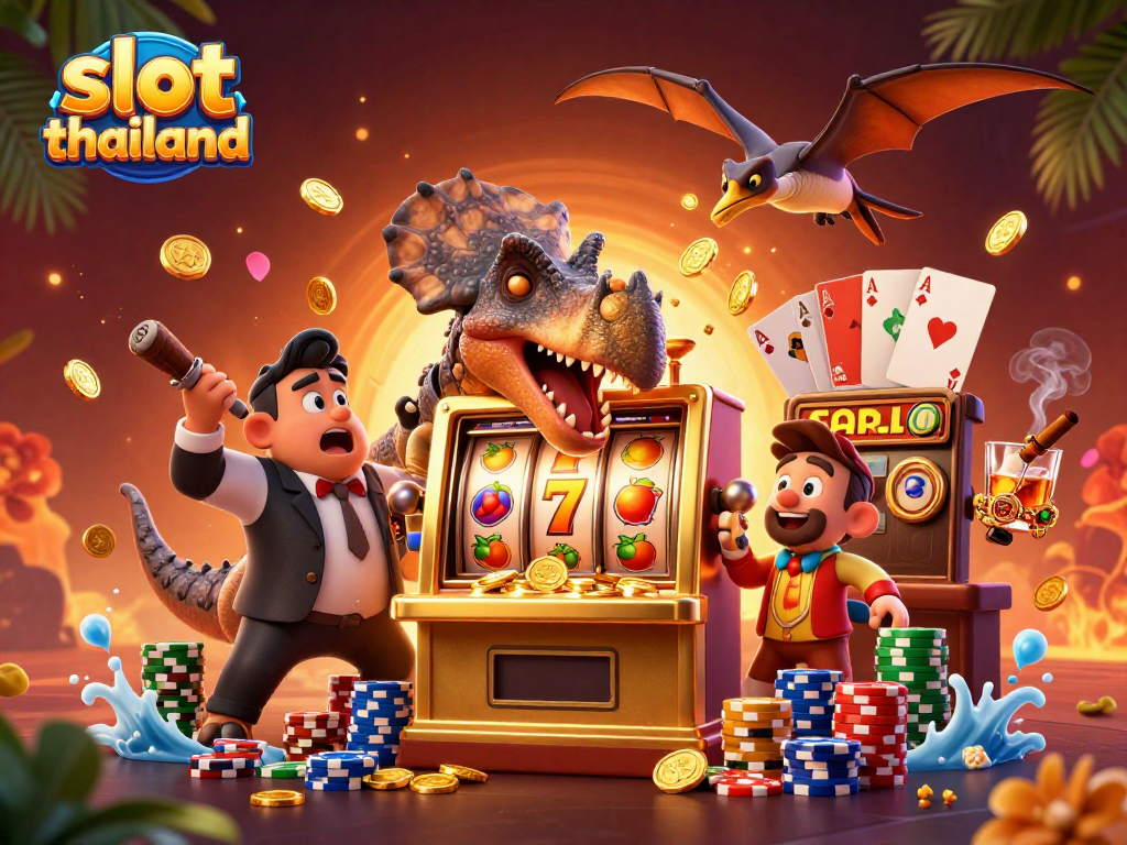Menghadirkan pengalaman slot thailand, dinosaurus kartun memukul mesin slot emas yang mengeluarkan koin jackpot.