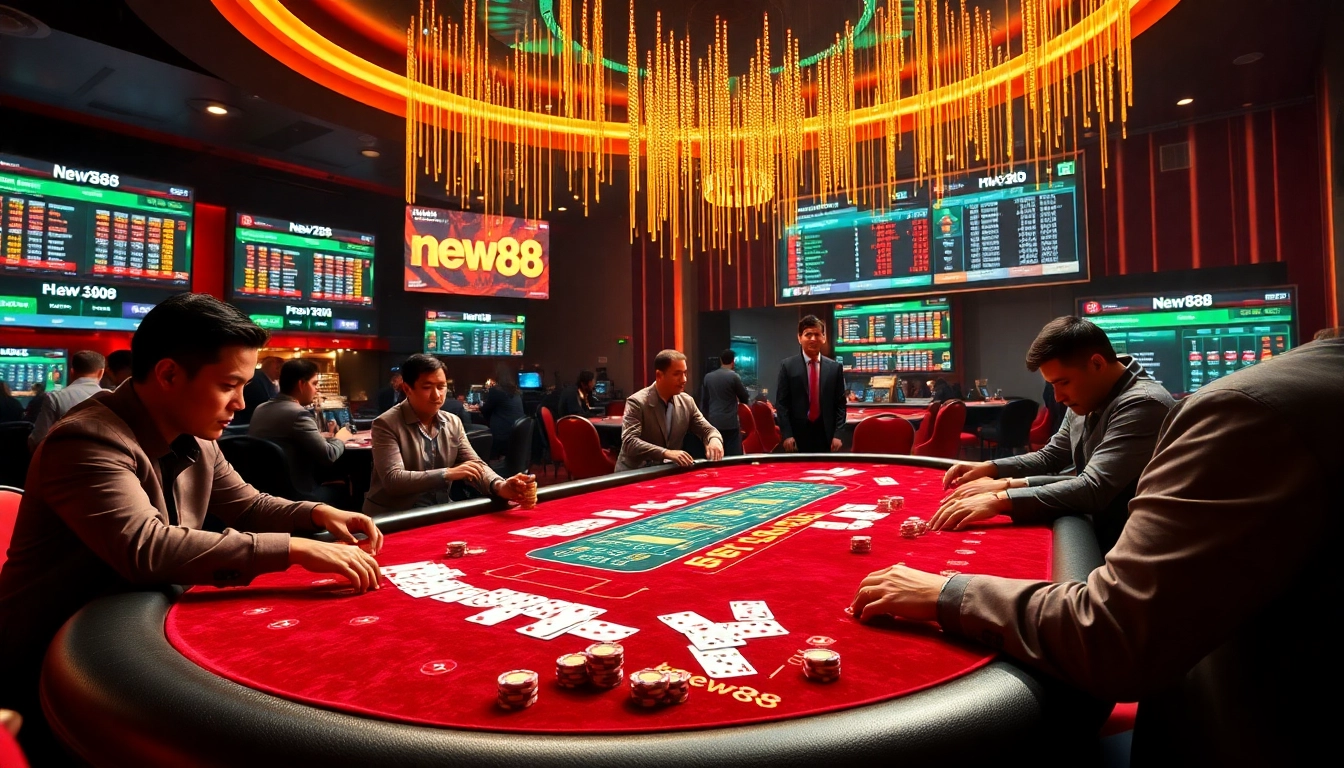 Exciting gambling action at a luxurious table showcasing new888 poker games with chips and cards.