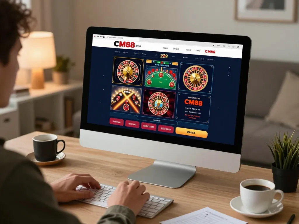 Engaging user placing bets on CM88's online casino platform in a stylish home office setting.