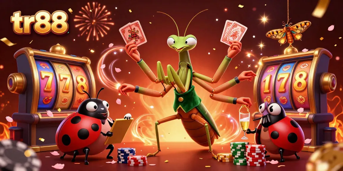 Experience thrilling gameplay with TR88, as the mantis sharp deals cards and spins slot reels.