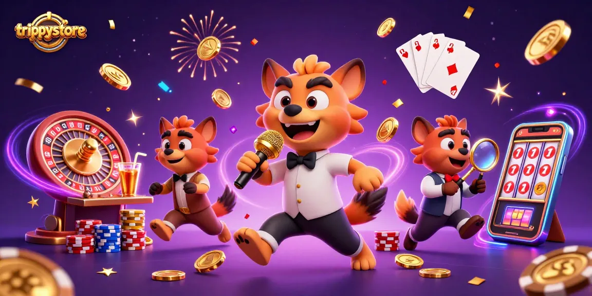 Engage with the trippysstore casino experience featuring lively hyena characters, golden coins, and vibrant gaming action.