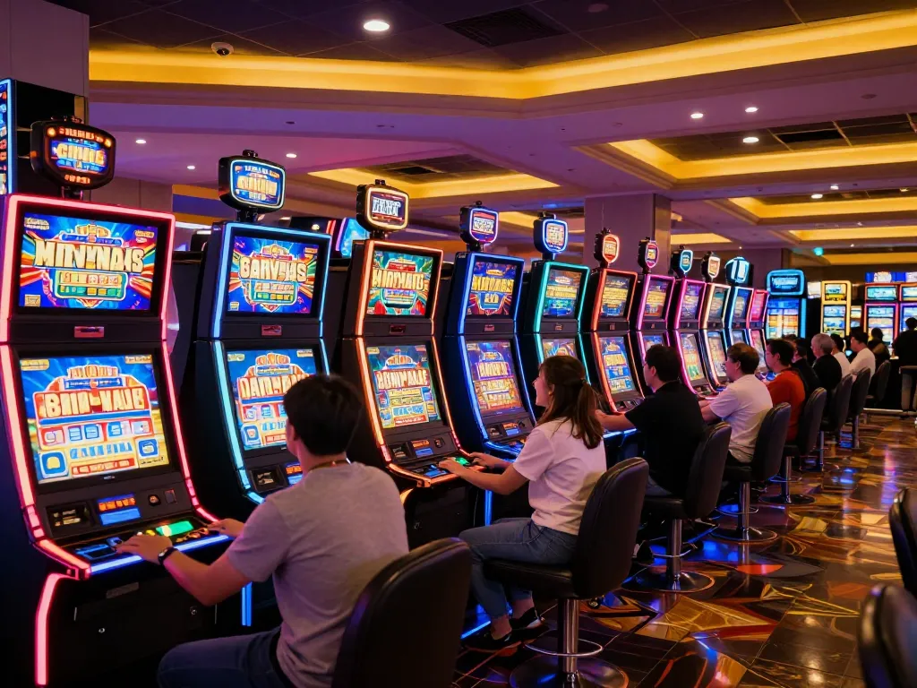 Players spinning slot machines in an energetic casino setting with vibrant neon lights.