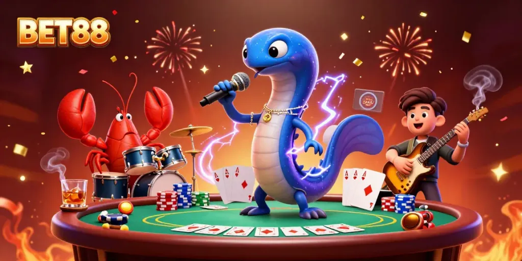 Enjoy a fun-filled BET88 casino scene with a DJing electric eel, vibrant celebrations, and poker dynamics.