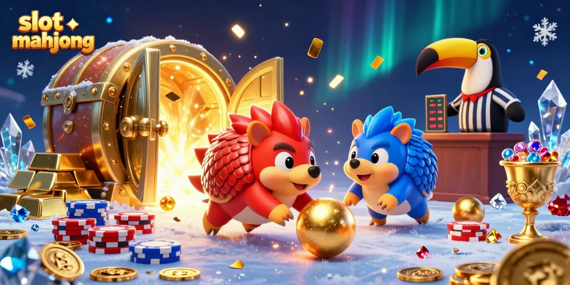 Compete in slot mahjong with rival pangolins surrounded by gold and poker chips.