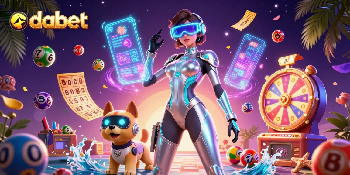dabet presents a vibrant casino scene with lottery elements and a futuristic character interacting with games.