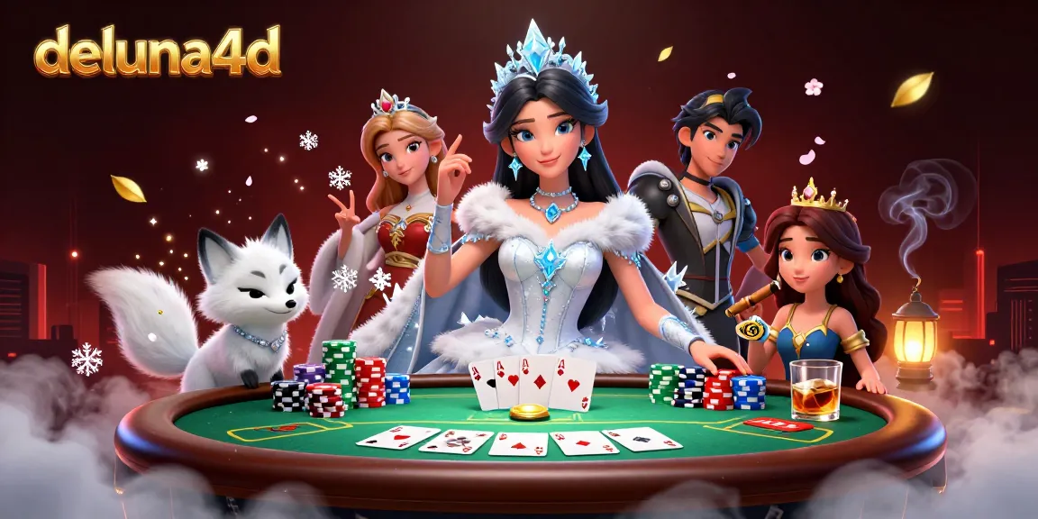 Engage with deluna4d through this vibrant festive poker scene featuring an elegant woman and her arctic fox companion.