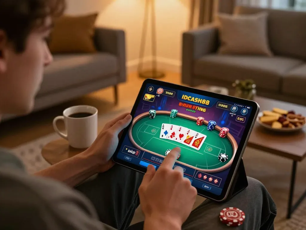 Player engaged with IDCASH88 app on tablet, enjoying vibrant poker game in a cozy home