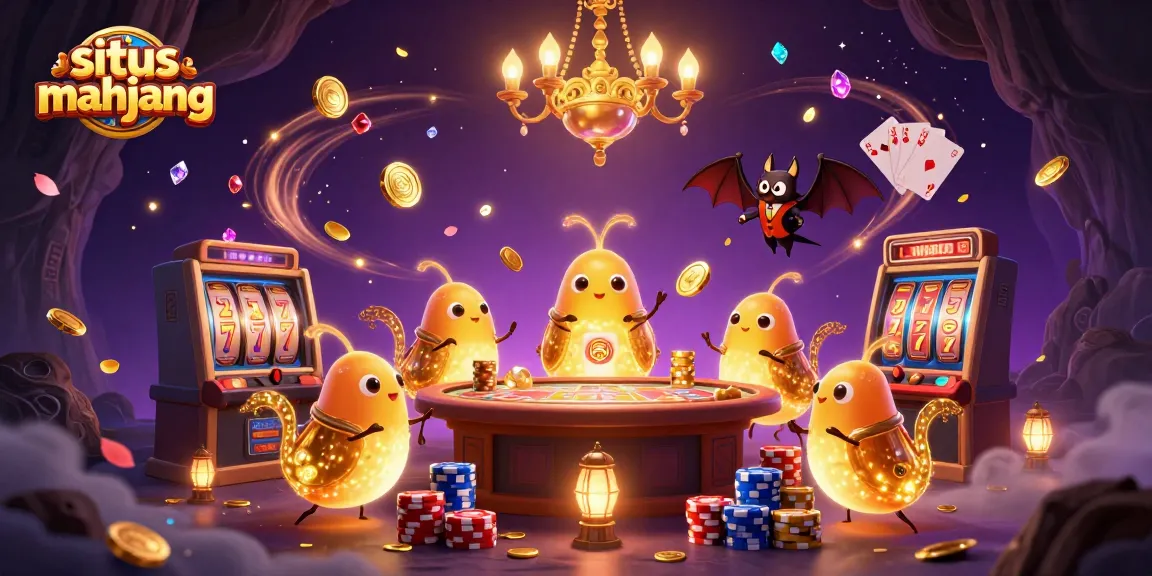 Experience situs mahjong gameplay with a vibrant casino illustration showcasing glowing characters and dynamic slot machine elements.