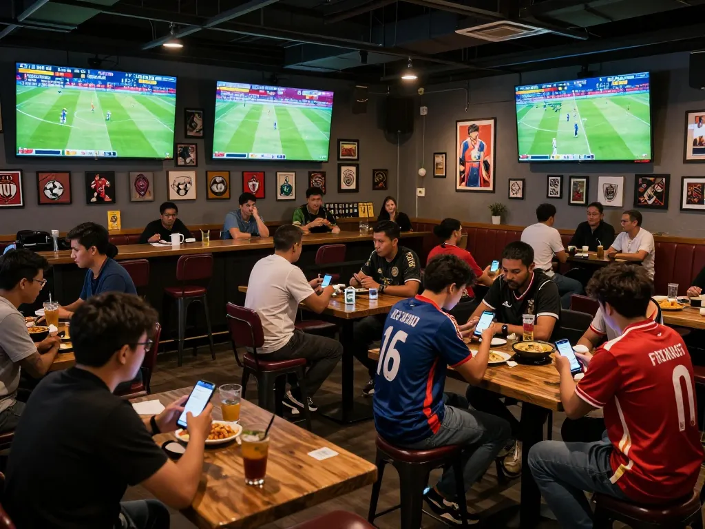Patrons engaging with mobile apps to check kết quả bóng đá trực tuyến during a football match.