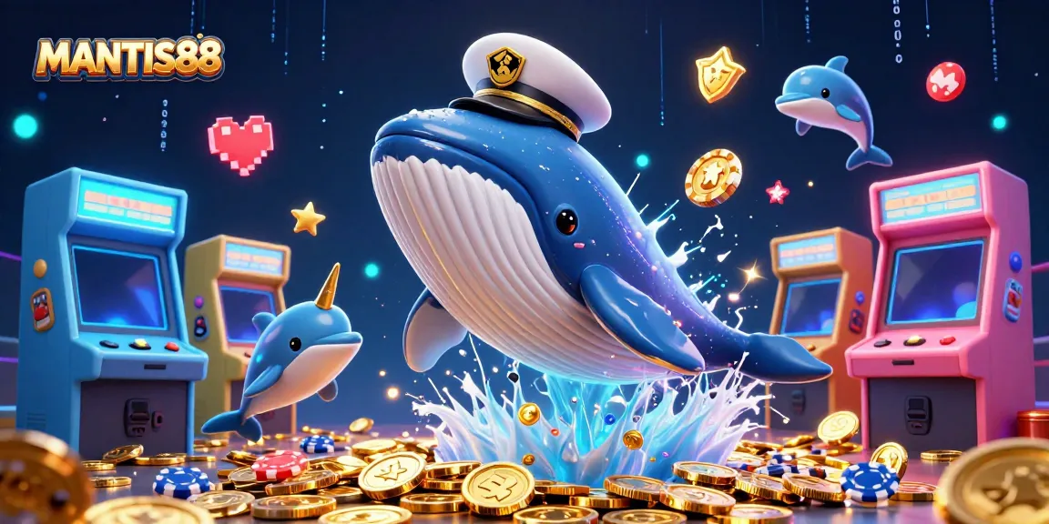MANTIS88 offers a vibrant 3D scene showcasing a whale and dolphins in an engaging casino gaming environment.