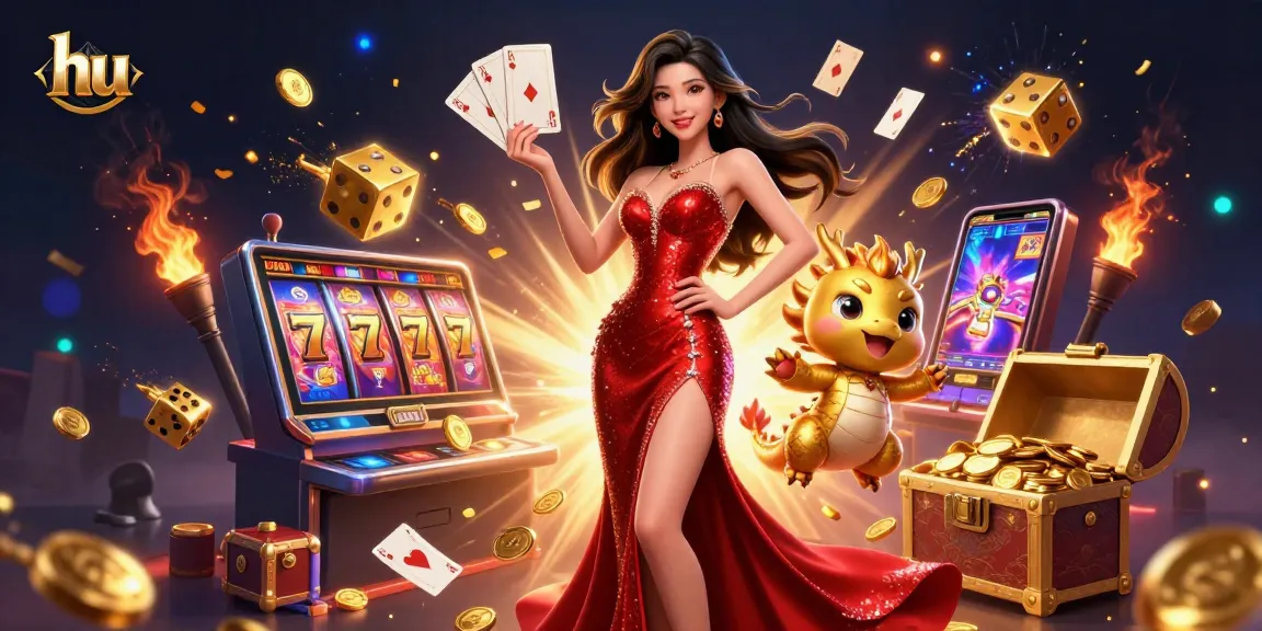 Play thrilling casino games featuring hu's captivating Asian lady and golden dragon mascot.