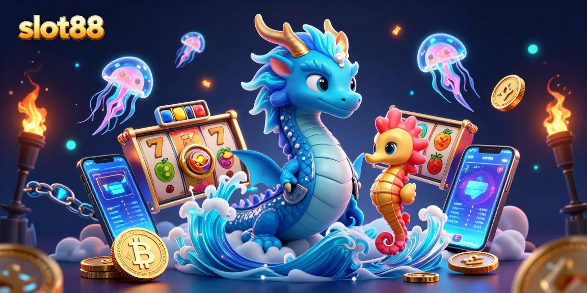 Slot88 hadir dengan visual menarik dari naga air dan pahlawan kuda laut, disertai simbol jackpot dan koin crypto.