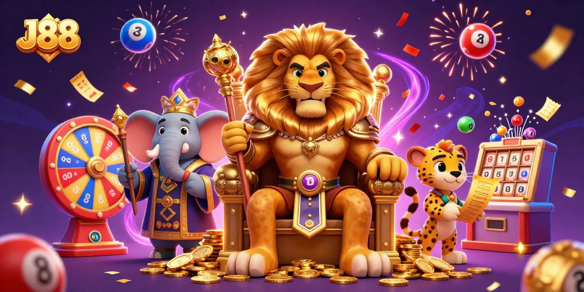 Experience J88's vibrant lottery scene with a lion king, elephant advisor, and cheetah messenger.