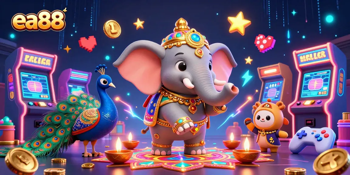 ea88 engages players with a vibrant Diwali-themed casino illustration showcasing an elephant and interactive gaming elements.