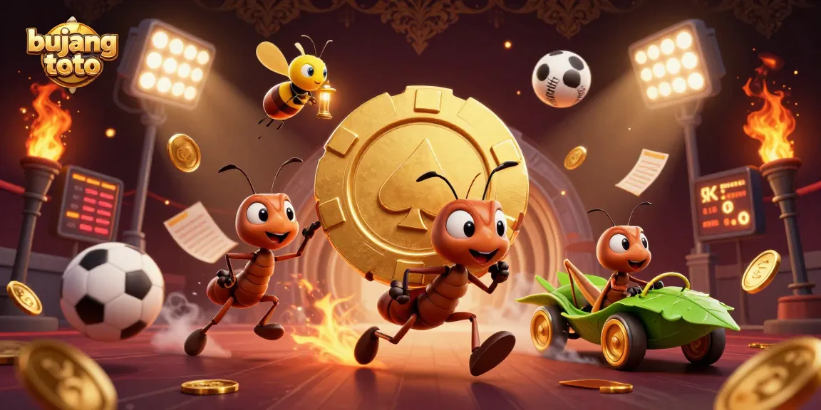 Bujang toto menampilkan tim semut 3D yang berlari dengan chip poker emas besar di tengah suasana kasino yang dinamis.