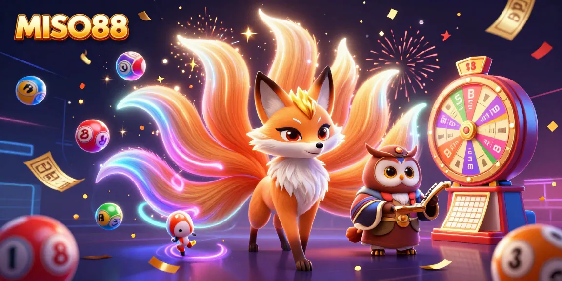 Experience the magic of MISO88 with a vibrant 3D illustration showcasing a mystical nine-tailed fox and a wise owl amidst lively game elements.