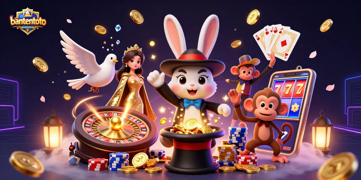 Gambaran bantentoto dengan kelinci penyihir menarik koin emas di topi, dikelilingi chip poker.
