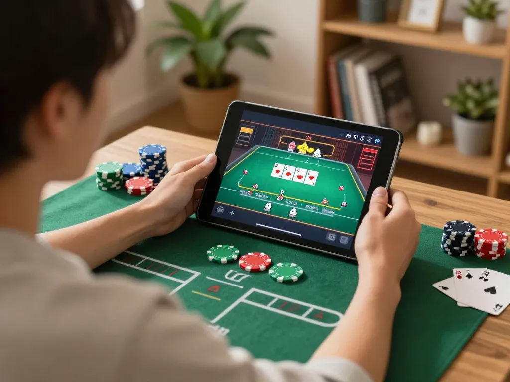 A player enjoying online gambling on ta88 with colorful poker chips in a cozy home setting.