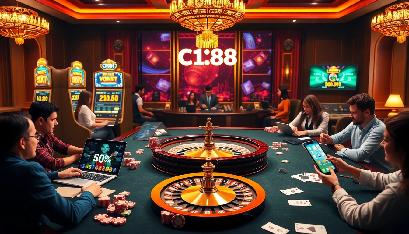 A player experiences the excitement of C168's online casino with slot machines and poker chips.