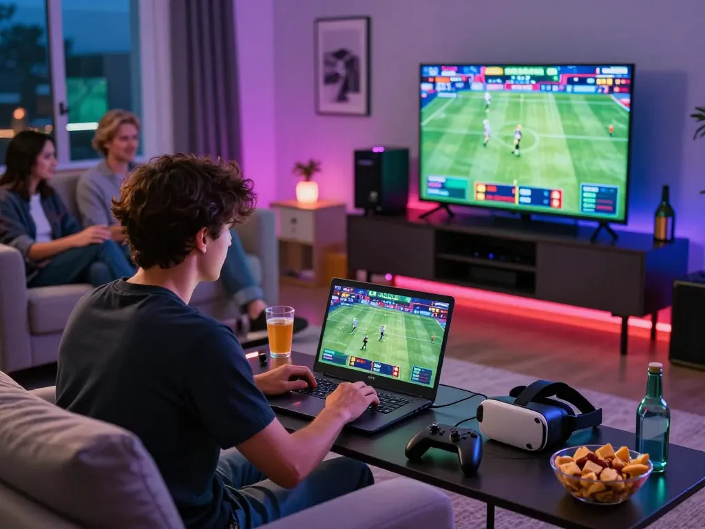 78win online gaming scene with enthusiast betting on live sports in a vibrant, modern living room.