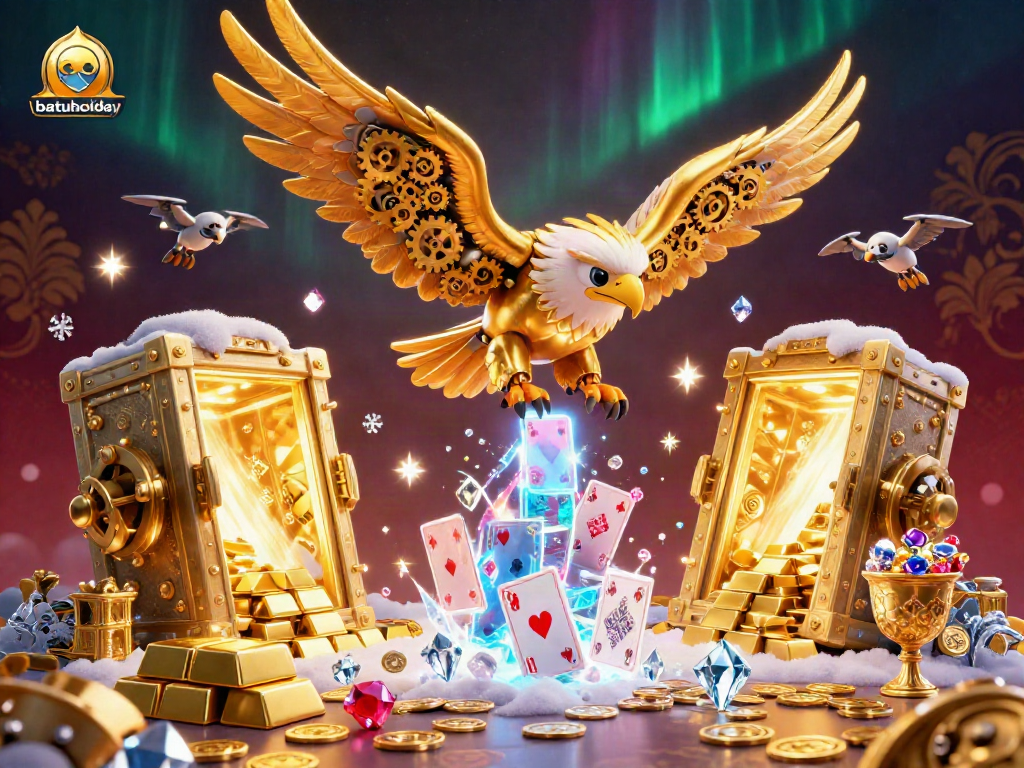 Experience thrilling adventures with batuholiday as a cybernetic eagle dives into a vibrant casino treasure.