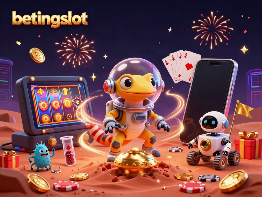 Betingslot, platform premium dengan permainan slot, petualangan gecko Mars, dan robot sederhana.