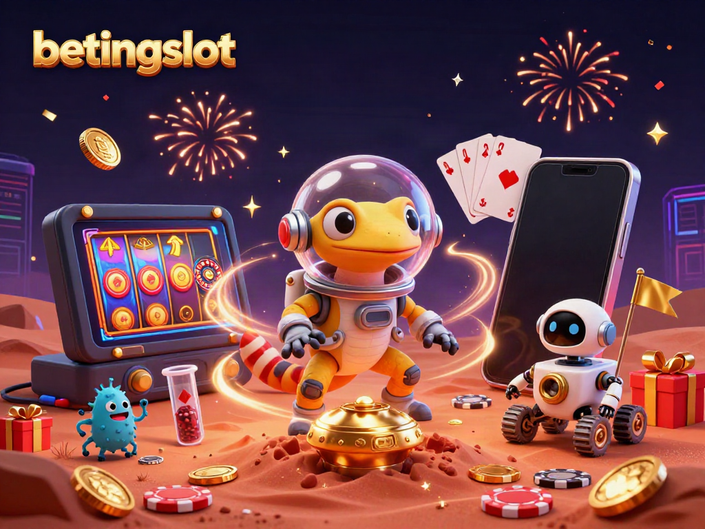 Betingslot, platform premium dengan permainan slot, petualangan gecko Mars, dan robot sederhana.