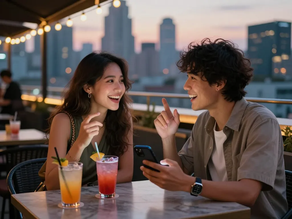 Young couple engaging in ai sexting on smartphones at a rooftop bar with city lights.