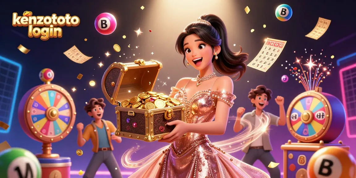 Experience the excitement of kenzototo login with a joyful Asian woman unveiling treasures of golden coins and lottery elements.
