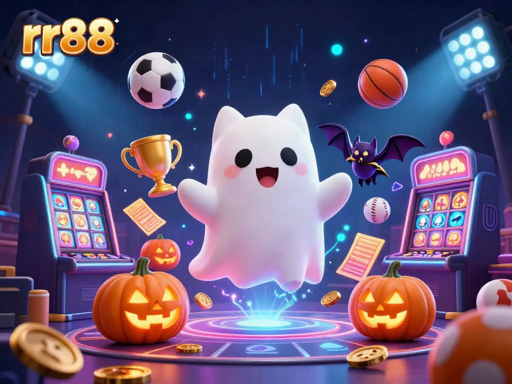 Experience the thrilling world of rr88 at a haunted casino where a friendly ghost cat and a bat play among vibrant gaming elements.