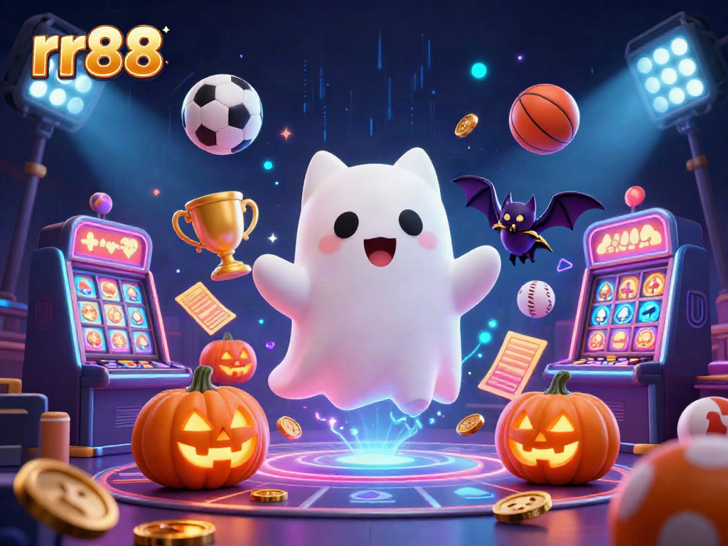 Experience the thrilling world of rr88 at a haunted casino where a friendly ghost cat and a bat play among vibrant gaming elements.