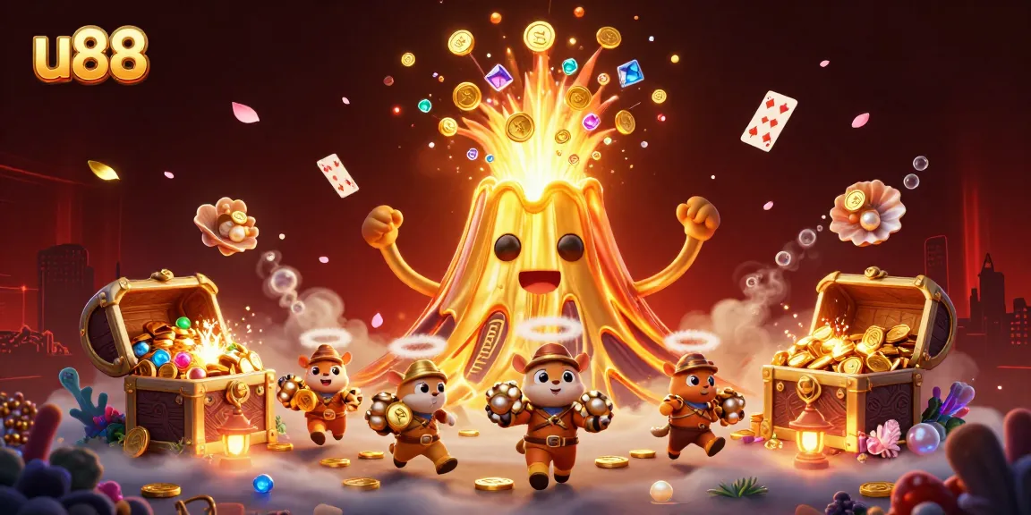 Experience u88's thrilling gaming adventure with golden treasures erupting from a volcano.