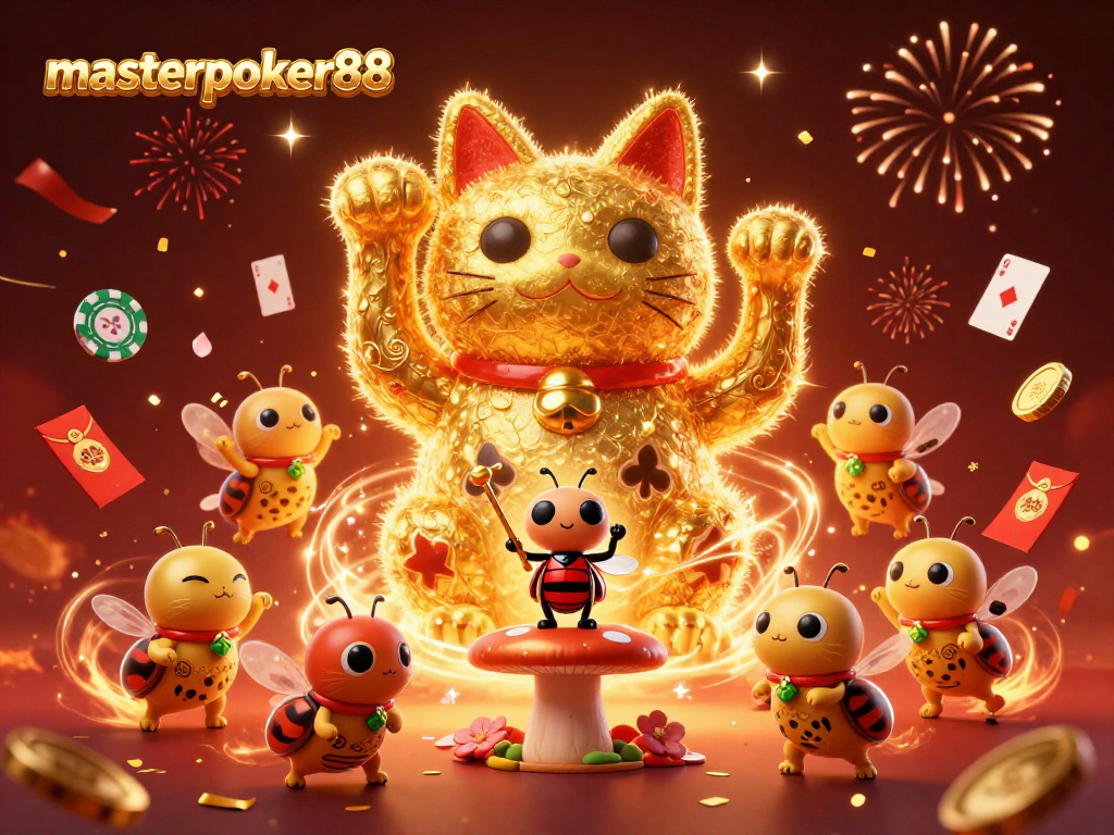 Permainan kartu poker masterpoker88 dengan cahaya merah dan emas yang spektakuler.
