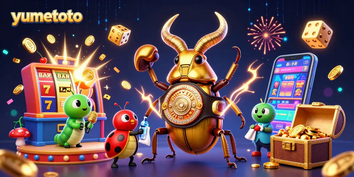 Engage in the thrilling world of yumetoto with a vibrant scene of a golden stag beetle boxing champion amidst slot machines and dazzling casino elements.