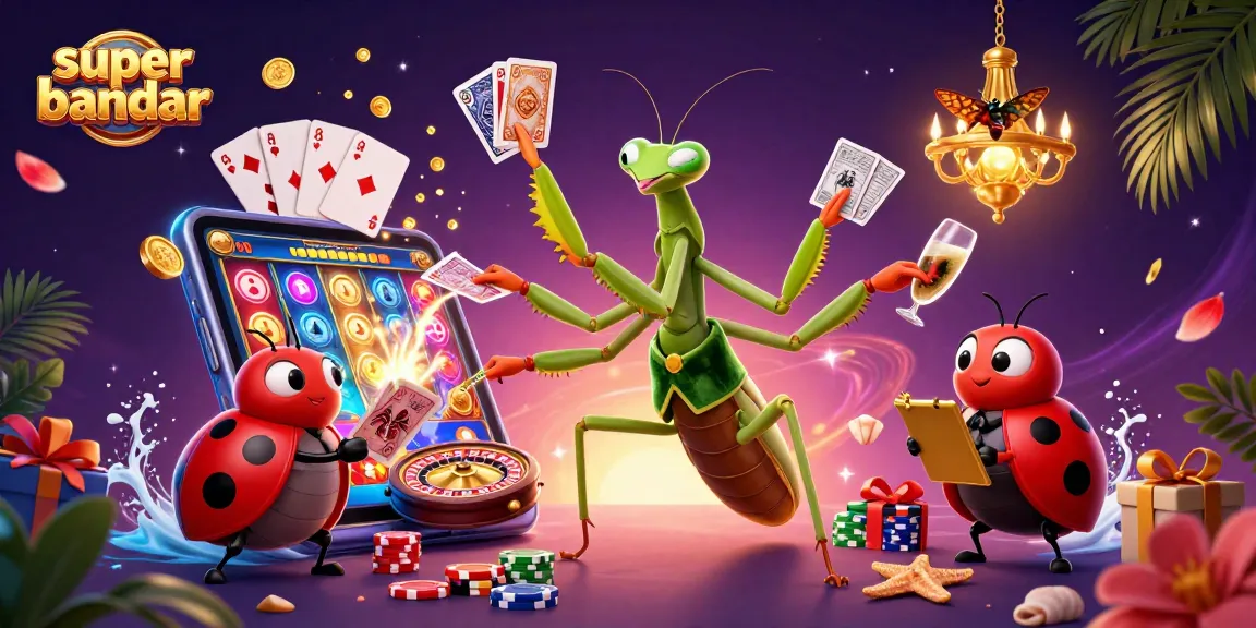 Memperlihatkan super bandar yang beraksi dalam permainan kasino dengan slot dan koin emas melimpah.